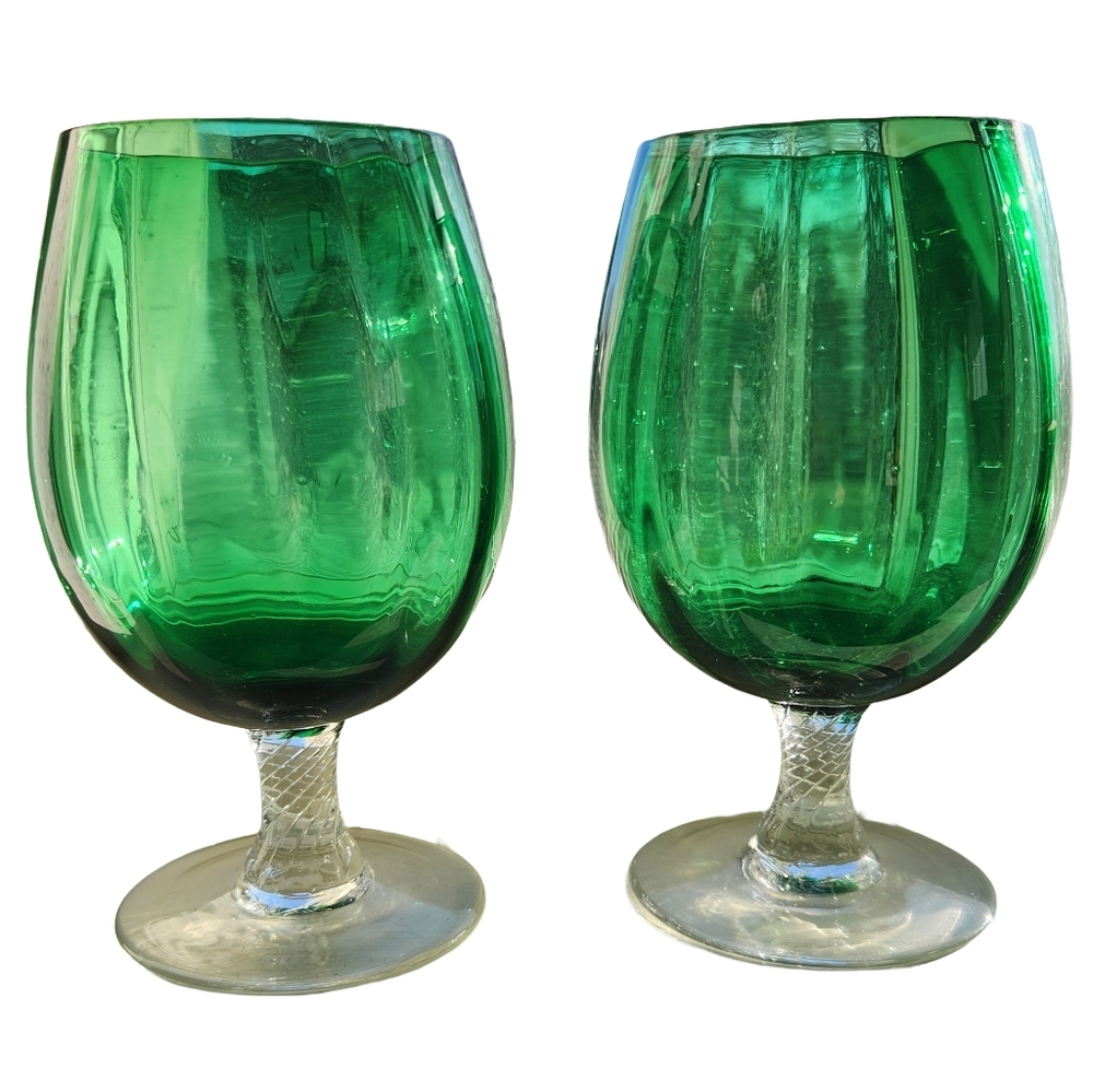 Vintage Empoli Glass Brandy Snifter Twisted Stem Emerald Green Oversized Goblet